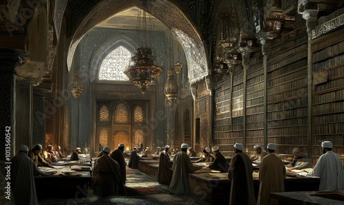 Men read books in an ancient library.