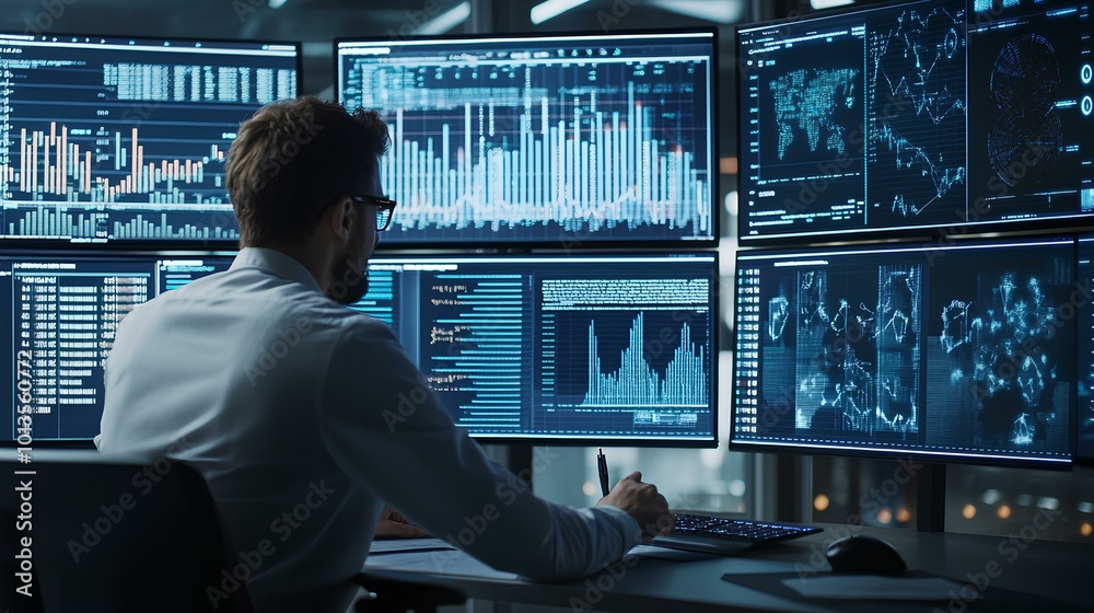 A focused individual analyzes data on multiple screens, showcasing a modern workspace filled with graphs and insights in a technological environment. A focused individual analyzes data on multiple screens, showcasing a modern workspace filled with graphs and insights in a technological environment.