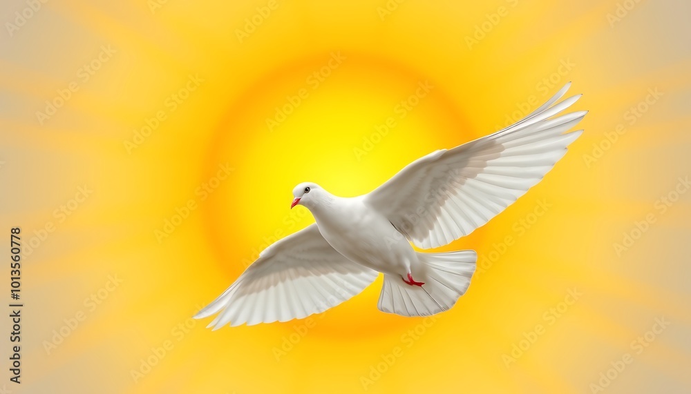 Fototapeta premium A white dove in mid-flight, wings spread wide against a stunning sunburst background.