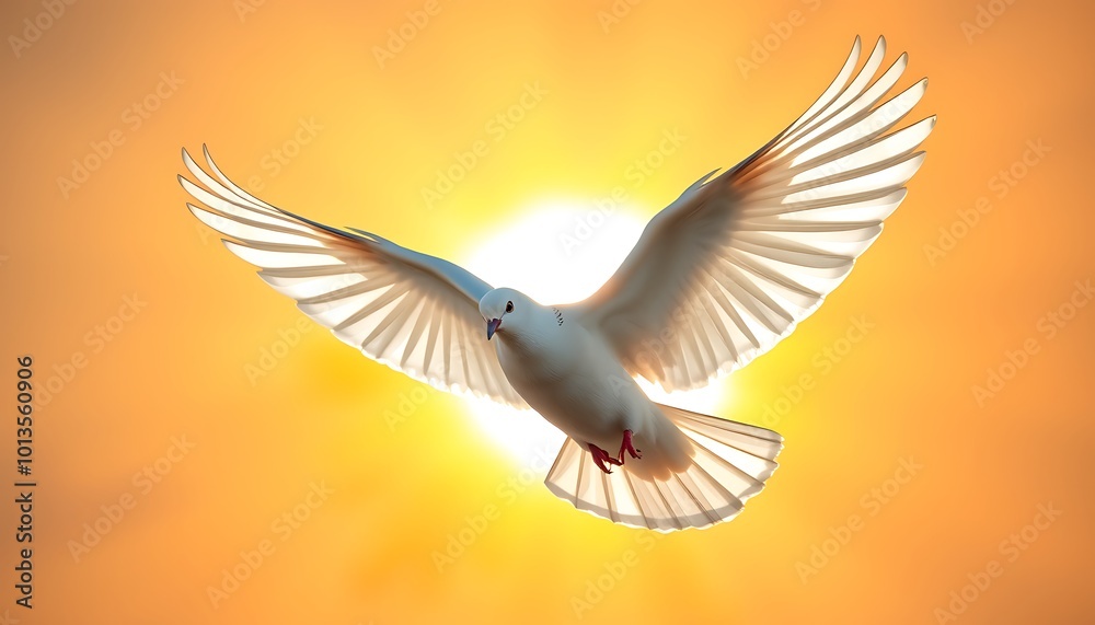 Obraz premium A white dove in mid-flight, wings spread wide against a stunning sunburst background.
