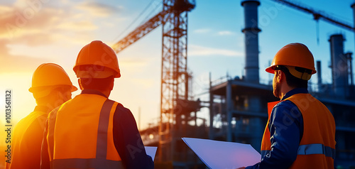 Construction workers observing urban skyline at sunset with cranes in background. photo