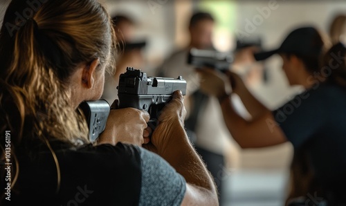 Woman aiming handgun at shooting range.