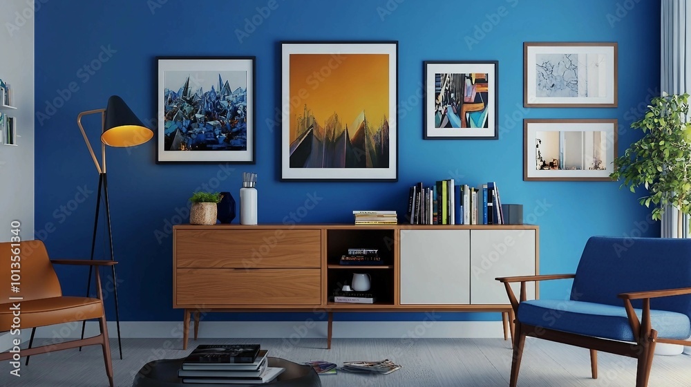 Modern living room with blue walls, a floor lamp, and a wooden cabinet Modern living room with blue walls, a floor lamp, and a wooden cabinet