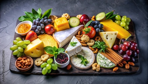 A wooden board overflowing with a delicious selection of cheeses, fruits, nuts, and crackers, perfect for a festive gathering.