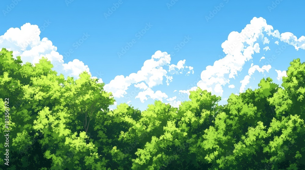 A serene nature background with lush green trees and a clear blue sky, perfect for creating a calming and beautiful natural atmosphere A serene nature background with lush green trees and a clear blue sky, perfect for creating a calming and beautiful natural atmosphere