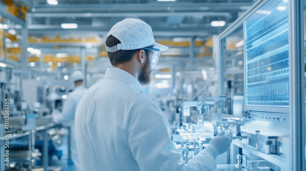 A scientist in lab coat and cap is focused on analyzing data on high tech screen in modern laboratory. environment is bright and filled with advanced equipment, showcasing commitment to innovation and A scientist in lab coat and cap is focused on analyzing data on high tech screen in modern laboratory. environment is bright and filled with advanced equipment, showcasing commitment to innovation and