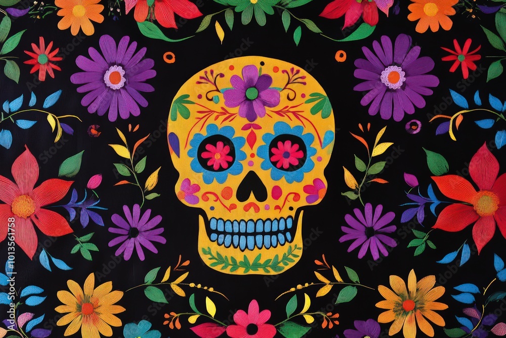 A papel picado banner with colorful skull and flower motifs. A papel picado banner with colorful skull and flower motifs.