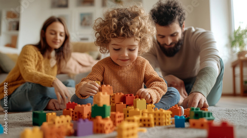 A joyful family moment as child plays with colorful building blocks on floor, surrounded by parents. cozy living room setting enhances warmth of this playful scene