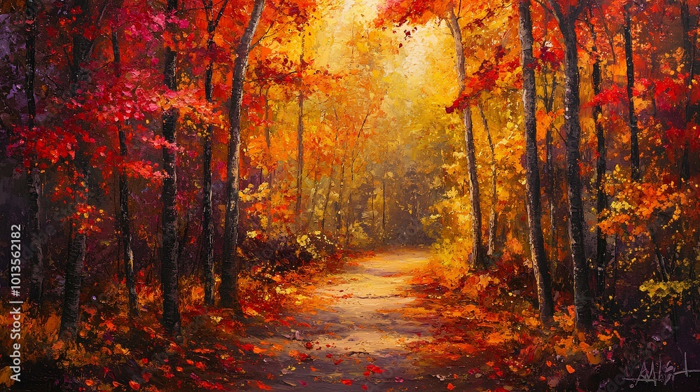 A vibrant forest scene in autumn, showcasing a winding path illuminated by warm sunlight filtering through colorful foliage. A vibrant forest scene in autumn, showcasing a winding path illuminated by warm sunlight filtering through colorful foliage.