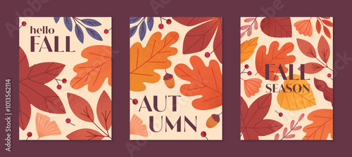 Autumn seasonal posters with leaves,ginkgo,berries,acorns and plants in fall colors.Vector modern illustrations.Trendy autumn templates for prints,ad,social media marketing,branding,packaging,covers.