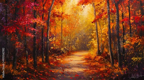 A vibrant forest scene in autumn, showcasing a winding path illuminated by warm sunlight filtering through colorful foliage.