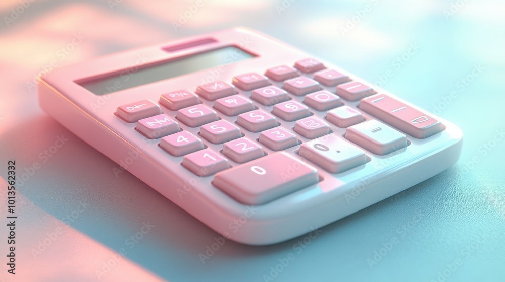 A white calculator with pink and blue lighting on a light blue surface. The calculator is a common tool for completing math problems and for budgeting. A white calculator with pink and blue lighting on a light blue surface. The calculator is a common tool for completing math problems and for budgeting.