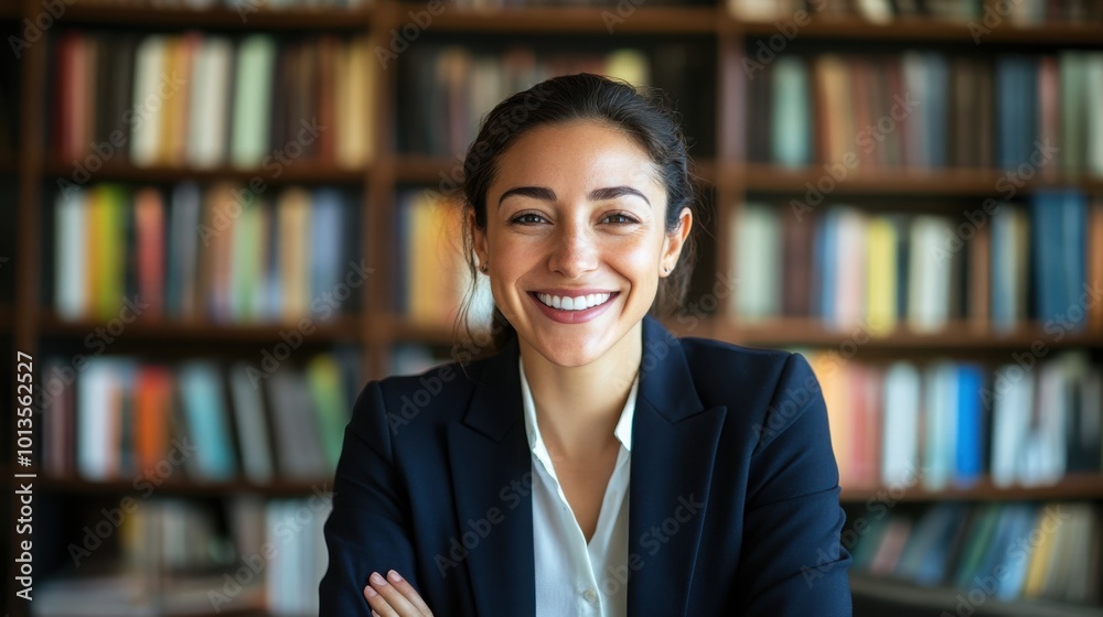 Smiling businesswoman in a suit jacket standing in front of a bookshelf. Smiling businesswoman in a suit jacket standing in front of a bookshelf.