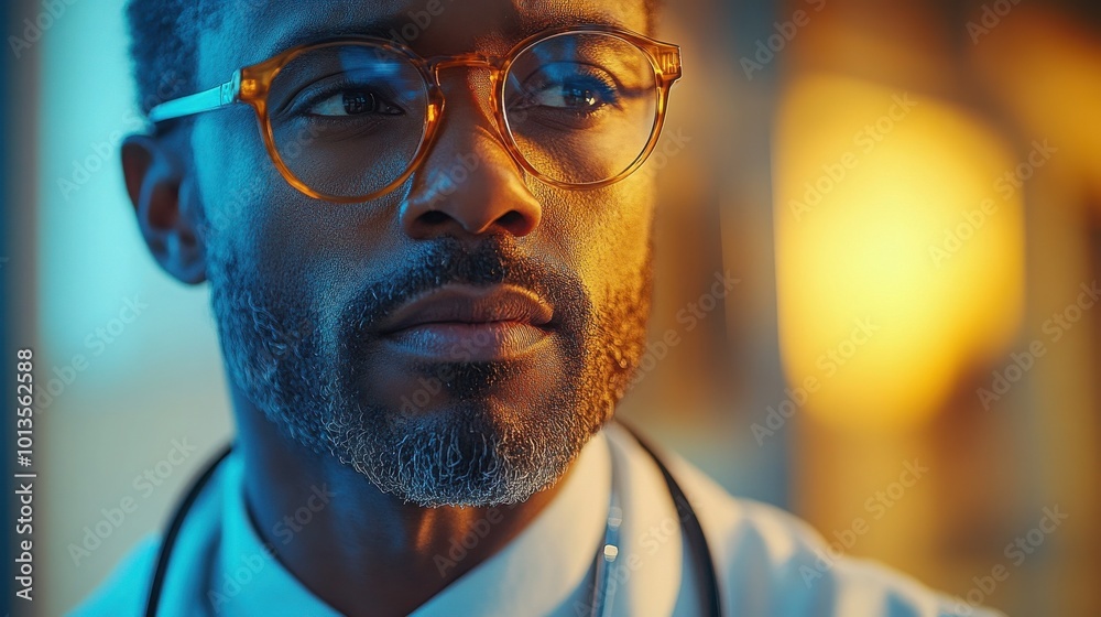 Close-up portrait of a thoughtful African American male doctor wearing glasses and a stethoscope. Close-up portrait of a thoughtful African American male doctor wearing glasses and a stethoscope.