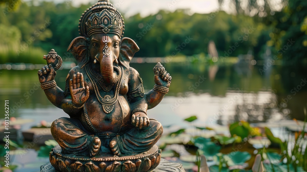 Serene Ganesha Statue by the Water Landscape Serene Ganesha Statue by the Water Landscape