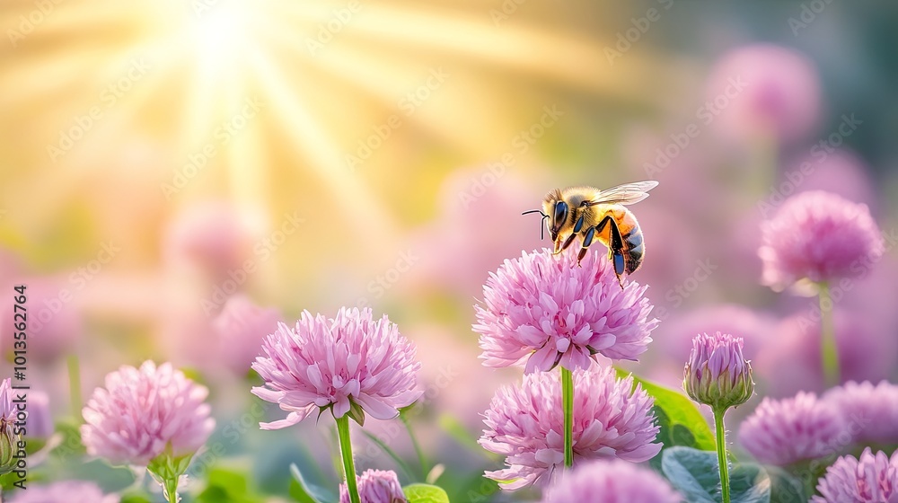 Bee collecting nectar from pink clover flowers. Bee collecting nectar from pink clover flowers.