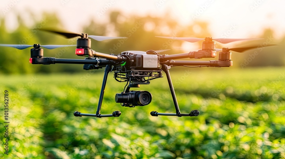 Drone flying over a green agricultural field.