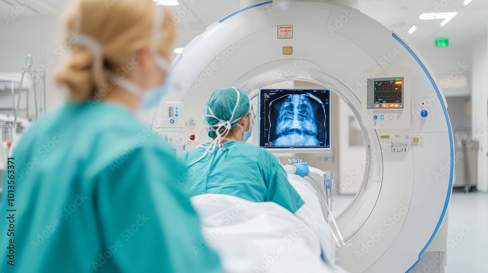 Medical professionals examine patients X ray in modern hospital setting ...