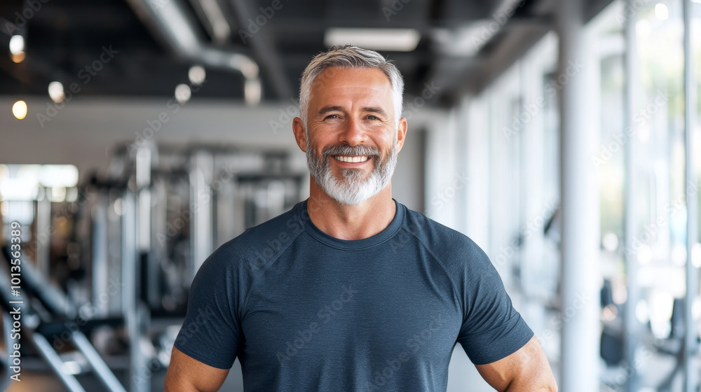 A fit man with beard smiles confidently in modern gym setting, showcasing healthy lifestyle and positive energy. His athletic build and relaxed demeanor inspire motivation and wellness A fit man with beard smiles confidently in modern gym setting, showcasing healthy lifestyle and positive energy. His athletic build and relaxed demeanor inspire motivation and wellness