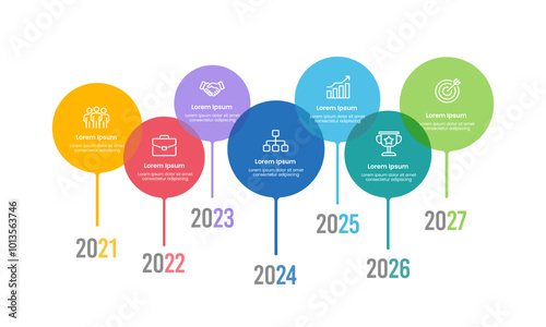 Business Timeline 7 Years Colorful Circle Design Template. Business presentation, Milestones, Anniversary, Planning and Timeline. Vector Illustration.