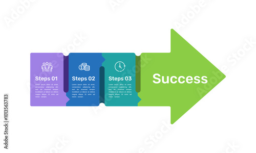 Infographic Arrow Design 3 Steps to Success. Business presentation, Time, Money, Resource and Strategy. Vector illustration.