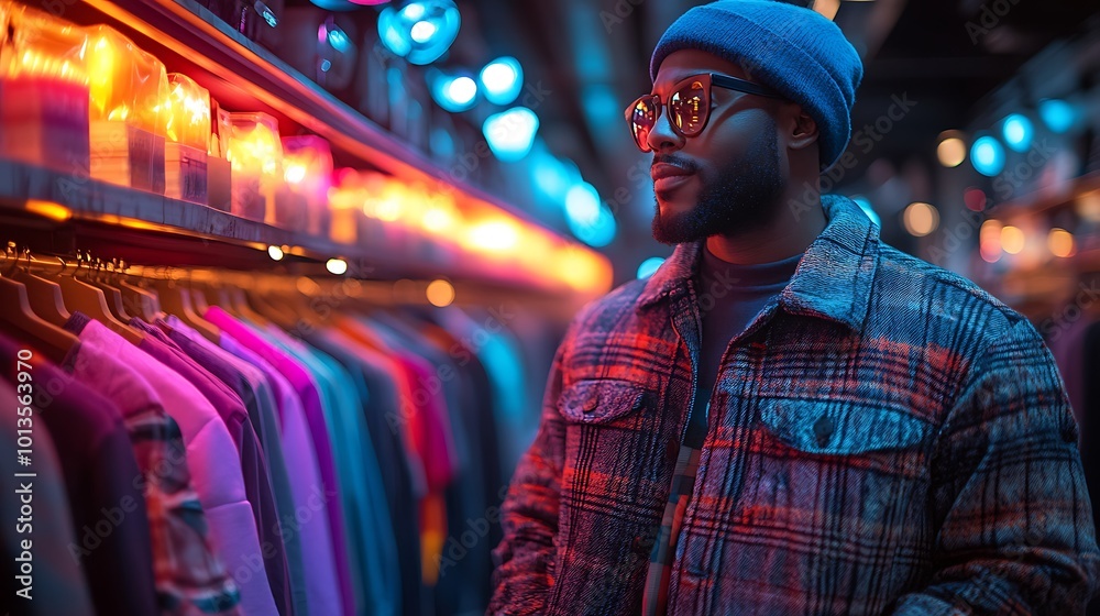 Fototapeta premium A Stylish Shopper Enjoying a Colorful Shopping Experience in a Fashion Store With LED Lights