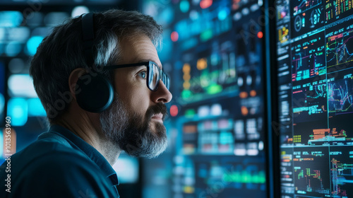 A focused man with glasses and headphones analyzes data on multiple screens, immersed in high tech environment. His concentration reflects importance of his work in data analysis and technology