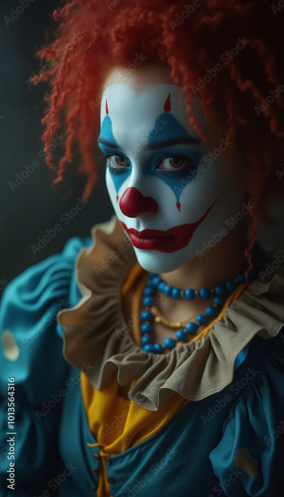 A close up of a clown with red hair and blue makeup A close up of a clown with red hair and blue makeup