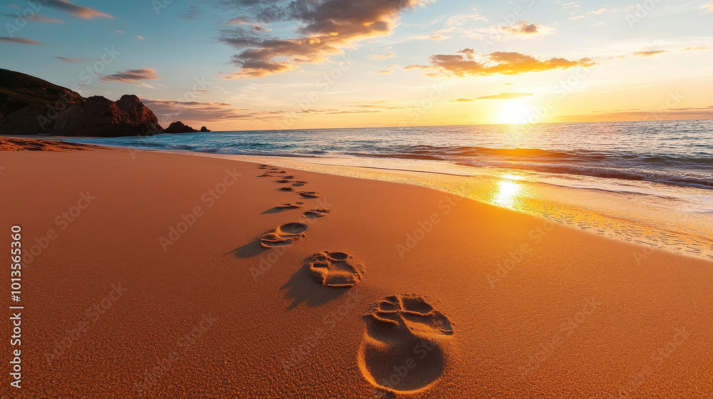 Footprints in sand lead towards beautiful sunset over ocean, creating serene and tranquil atmosphere. warm colors of sky reflect on water, enhancing peaceful scene Footprints in sand lead towards beautiful sunset over ocean, creating serene and tranquil atmosphere. warm colors of sky reflect on water, enhancing peaceful scene