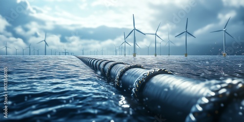 Close-Up of Underwater Subsea Cables Connecting to Offshore Wind Farms for Renewable Energy Transmission