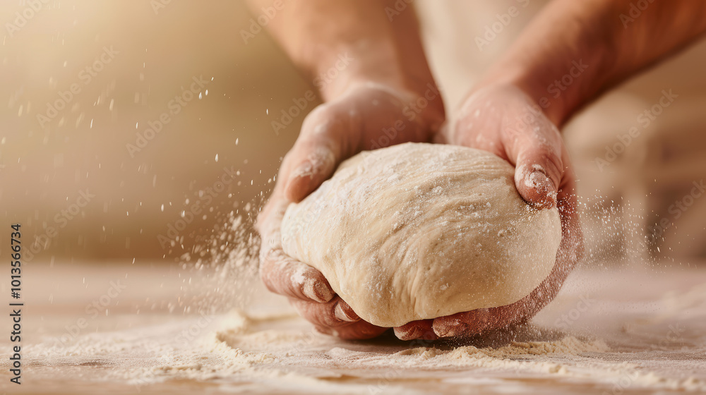 Kneading Tradition: Close-up shot of a baker's hands shaping a ball of dough, with flour dusting the air in a flurry of motion. Kneading Tradition: Close-up shot of a baker's hands shaping a ball of dough, with flour dusting the air in a flurry of motion.