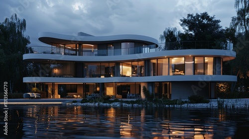 3d rendering of modern house by the river at morning, house, luxury, villa, modern, architecture, building, exterior, residential, property, designer