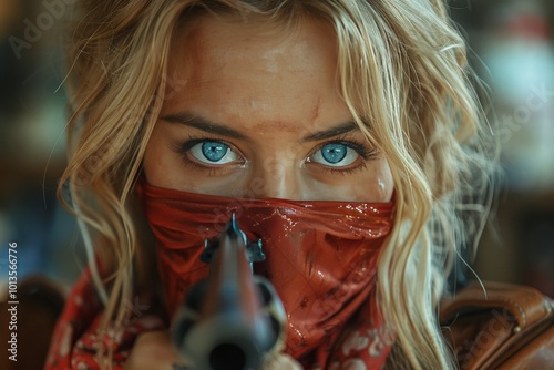 Blonde woman in red satin bandana and leather outfit holds shotgun while robbing a bank indoors photo