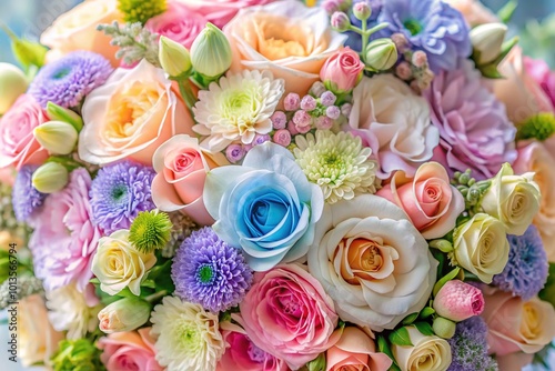 Vibrant bouquet of fresh flowers in pastel shades fills the frame, creating a romantic and whimsical background for a joyful wedding celebration or anniversary party. photo