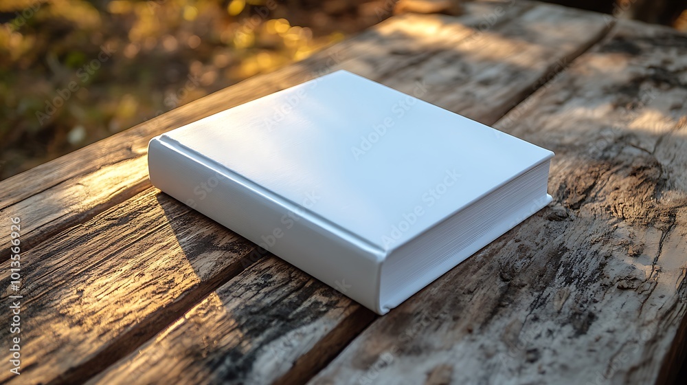 Fototapeta premium A blank book resting on a rustic wooden table illuminated by warm, golden sunlight, inviting ideas.