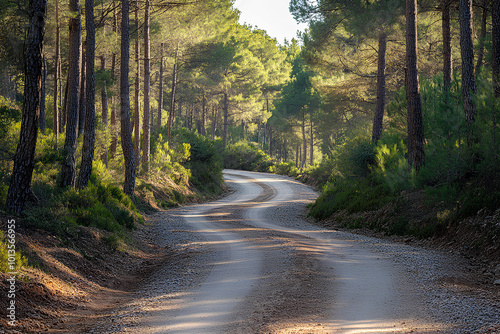 Gravel road in pine forest, rustic and rural charm