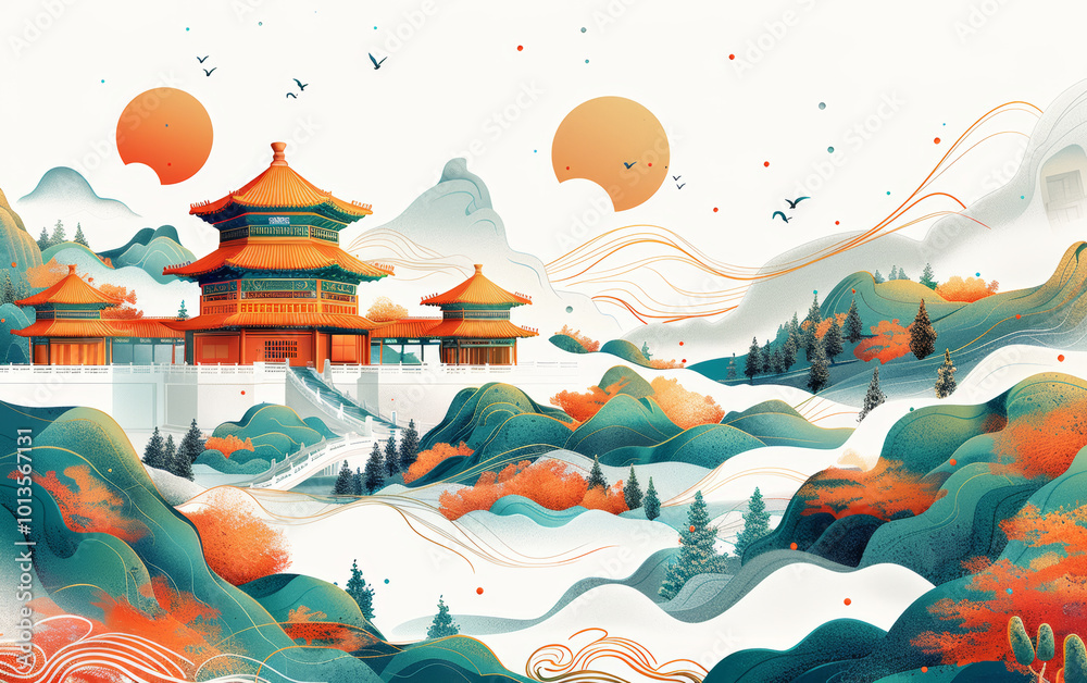 Chinese traditional ancient architecture art illustration Chinese traditional ancient architecture art illustration