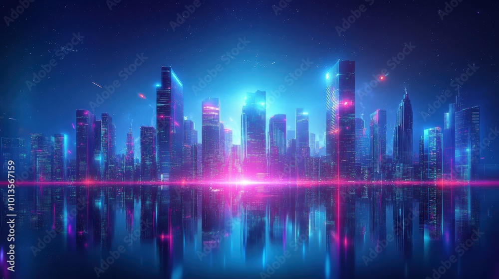 cityscape with space and neon light effect. Modern hi-tech, science, futuristic technology concept. Abstract digital high tech city design for banner background cityscape with space and neon light effect. Modern hi-tech, science, futuristic technology concept. Abstract digital high tech city design for banner background