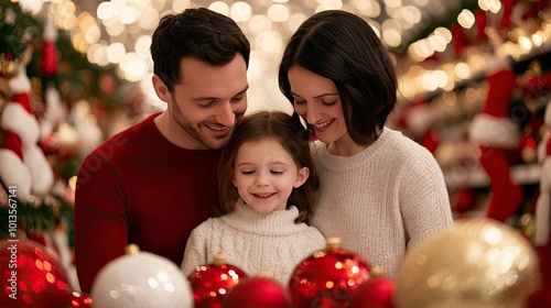 Joyful family decorating for Christmas, festive atmosphere with colorful ornaments.