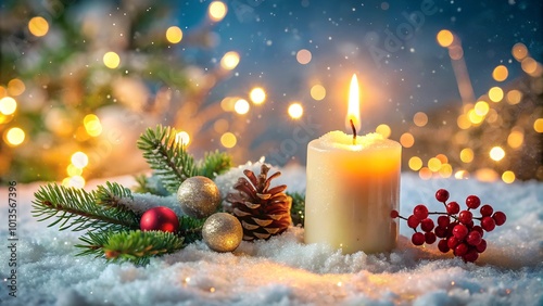 burning candle in snow with festive decoration