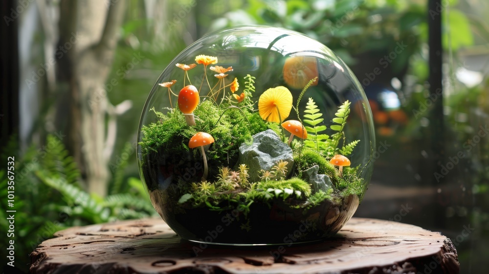 Enchanting Miniature Botanical Terrarium in Glass Globe on Wooden Surface Enchanting Miniature Botanical Terrarium in Glass Globe on Wooden Surface