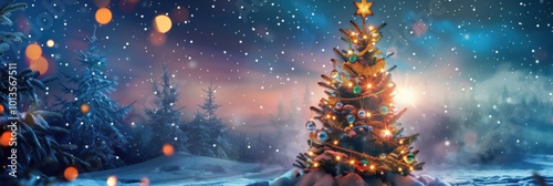 Winter forest covered in a pristine layer of snow, highlighted by a charmingly decorated Christmas tree adding festive charm.