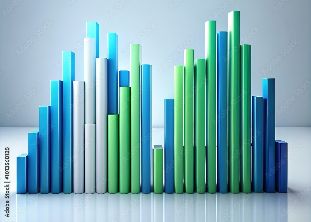 Vibrant 3D bars in shades of blue and green rise from a stark white background, forming a dynamic and futuristic abstract chart. Vibrant 3D bars in shades of blue and green rise from a stark white background, forming a dynamic and futuristic abstract chart.