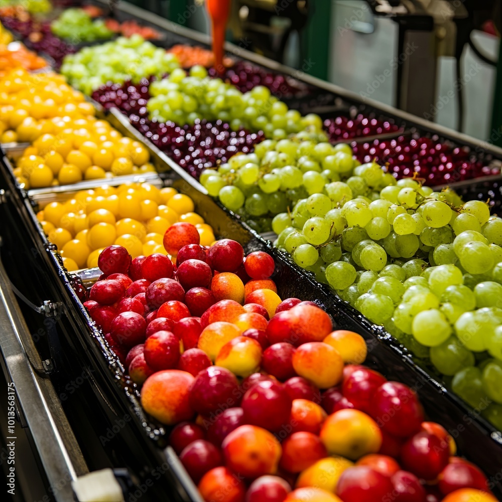 Fresh fruits and berries processing equipment on farm, sorting, making juice, jams, juice concentrates, agriculture in Netherlands