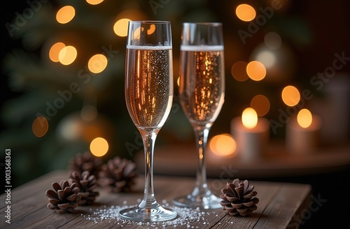 Two glasses of champagne In a cozy homely atmosphere on a wooden table against the background of a Christmas tree with blurred lights. Atmospheric, New Year's mood. photo