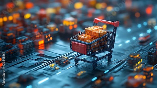 A Futuristic Shopping Cart Journey Through a Glimmering Cityscape of Lights and Structures