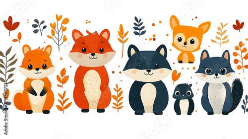 Cute cartoon animals in a playful gathering surrounded by autumn leaves and warm colors.