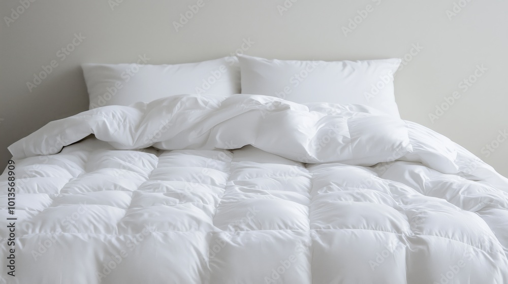White duvet cover with white pillows on the bed, close-up of the quilt and pillows in focus. White duvet cover with white pillows on the bed, close-up of the quilt and pillows in focus.