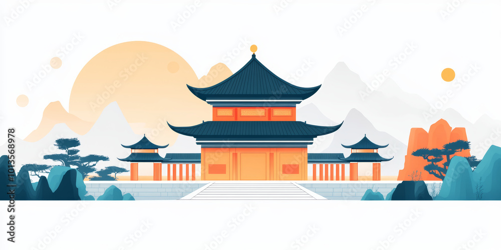 Fototapeta premium Chinese traditional ancient architecture art illustration