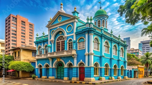 Vibrant newly painted exterior of historic Knesset Eliyahoo Synagogue stands out near Kala Ghoda Fort in Mumbai, Maharashtra, India, showcasing stunning architectural beauty. photo